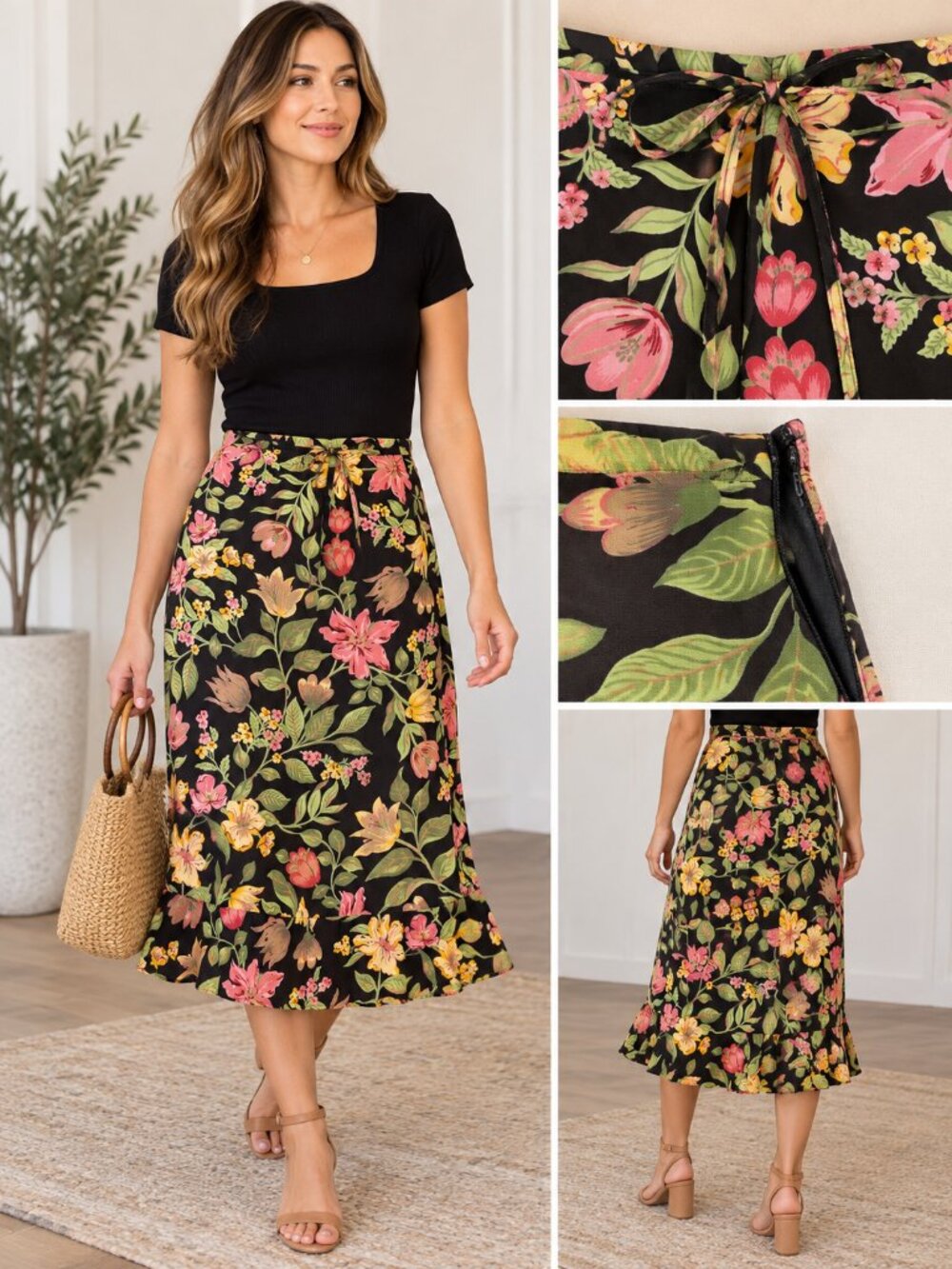 GAP Vintage Floral Rayon Midi Skirt Black Multicolor Size 12